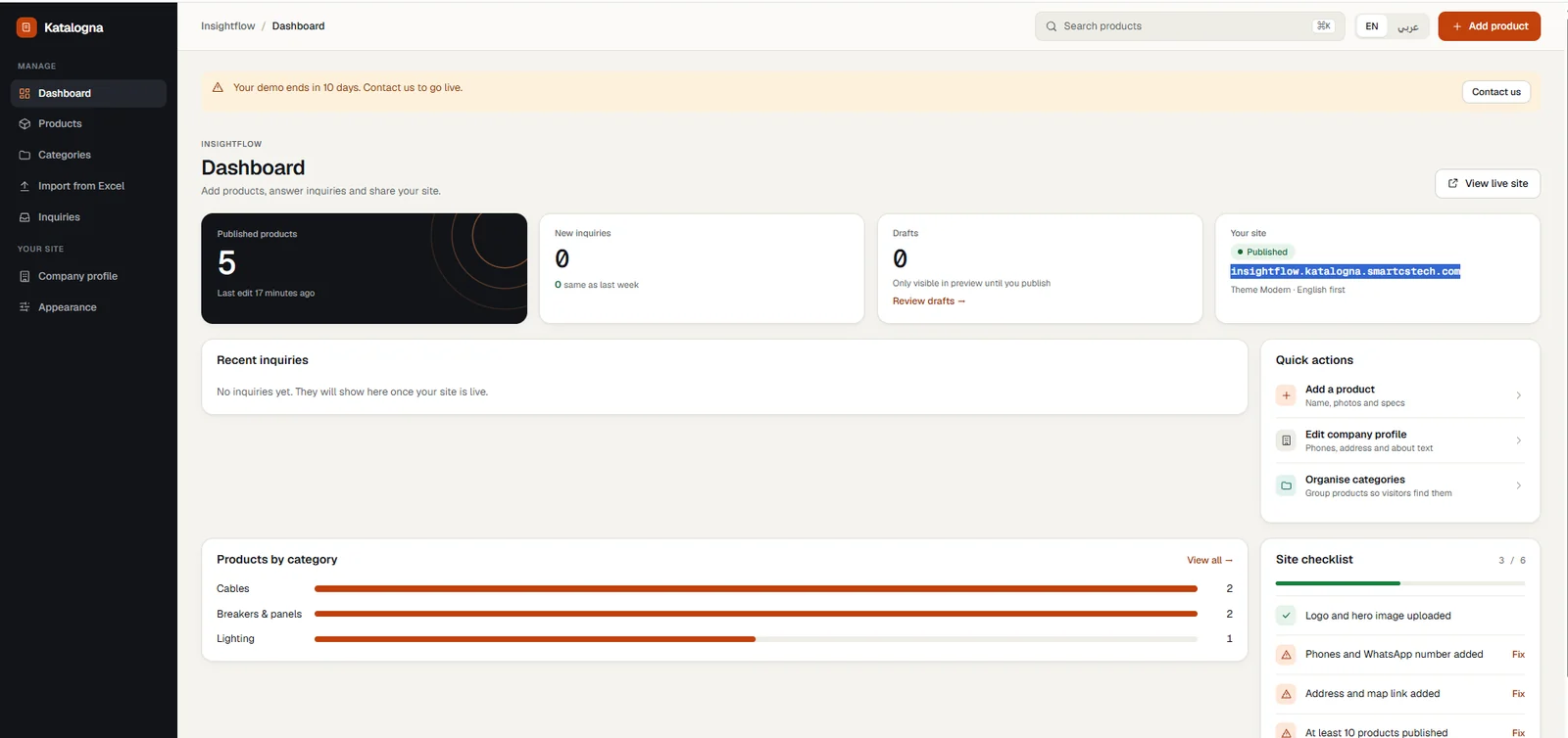 Katalogna dashboard with published products, inquiries, drafts and the site checklist